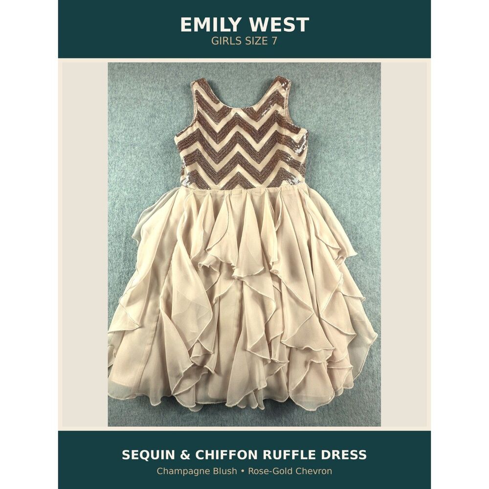Emily West Girls Size 7 Champagne Sequin Chevron Ruffle Formal Dress